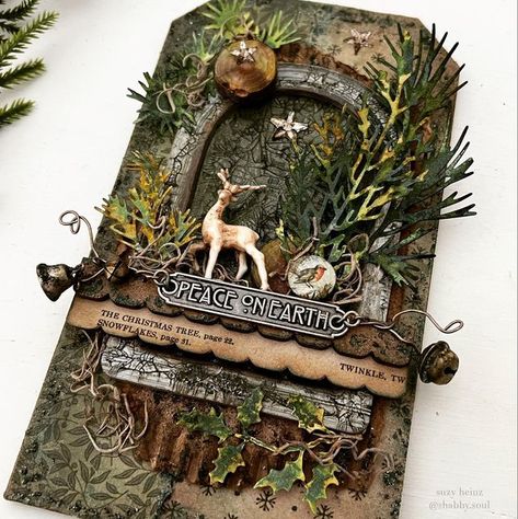 s u z y on Instagram: "Hi friends! Here’s another throwback from last year. Love the woodsy vibe that can be found in idea-ology Christmas. 🌲🦌 my substrate is a Mini Etcetera Tag. Lots of idea-ology + Seasonal Distress products - Snowfall Grit Paste, Translucent Crackle and Mica Crayons (magic makers) + Sizzix die cuts. Hope you’re finding time for some Christmas making 🌲🌲🌲 @tim_holtz @ranger_ink @sizzix @stampersanonymous #timholtz #timholtzideaology . . . . . #ideaology #timholtzideaolo Tim Holtz Etcetera Christmas Tag, Sizzix Tim Holtz Christmas Cards, Tim Holtz Wood Slices Ideas, Sizzix Christmas Cards Ideas, Tim Holtz Christmas Cards Ideas, Suzy Heinz, Tim Holtz Christmas Cards, Rustic Christmas Cards, Tim Holtz Christmas