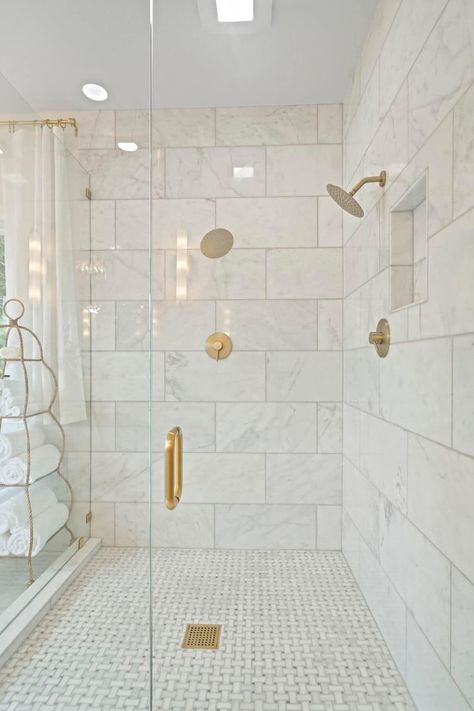 White Tile Shower Gold Fixtures, White Stone Shower Ideas, Modern Shower Design Tile, Free Standing Shower Bench, White Tile Shower Wall, Master Tile Shower Ideas, Marble Tile Shower Ideas, Lvp Bathroom Floor, Shower With Gold Fixtures