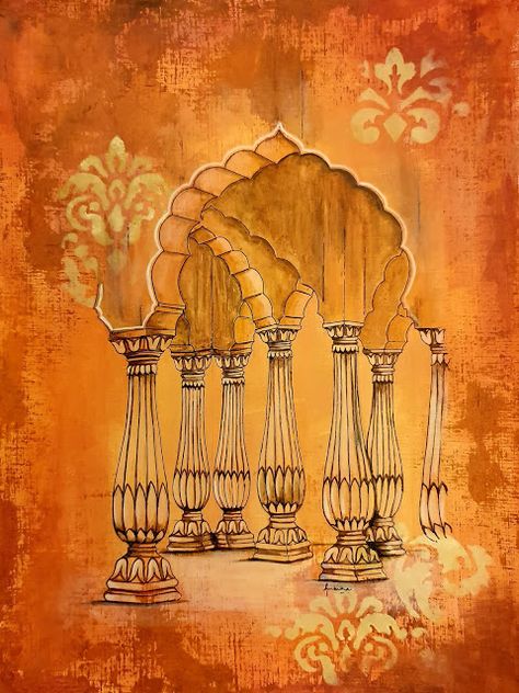 Mughal Pillar Design, Rajasthani Background, Indian Architecture Painting, Jaipur Illustration, Pillar Painting, Jaipur Diaries, Arches Wallpaper, Jaipur Art, Rajasthan Art