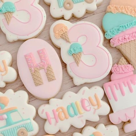 Becca Ruocco on Instagram: "Three Scoops of Fun! I hope this brightens your day as much as it did mine when I was making these! 🤍 . . . #icecreamcookies #threescoopsoffun #threescoopsbirthday #kaleidacuts #icecreamconecookies #icecreamtruckcookies #maddiesnumbers #sprinklecookies #icecreamcakecookies #bexnbailsbakery #sugarcookiesofinstagram #edibleart #ctlocal #ctsweets #cteats #glastonburyct #glastonburybakery #glastonburysmallbusiness #glastonburyctlife #glastonbury #glastonburycookies #connecticutcookies #connecticutbakery #connecticutlife #connecticutlivin #connecticutcookies" Three Scoops Birthday Party, Three Scoops Of Fun Cookies, Three Sweet Birthday, 2 Sweet Cookies, Three Scoops Of Fun Birthday Party Ideas, Ice Cream Party Cookies, Ice Cream Third Birthday Party, Sweet As Can Be 3rd Birthday, 3 Is So Sweet Birthday