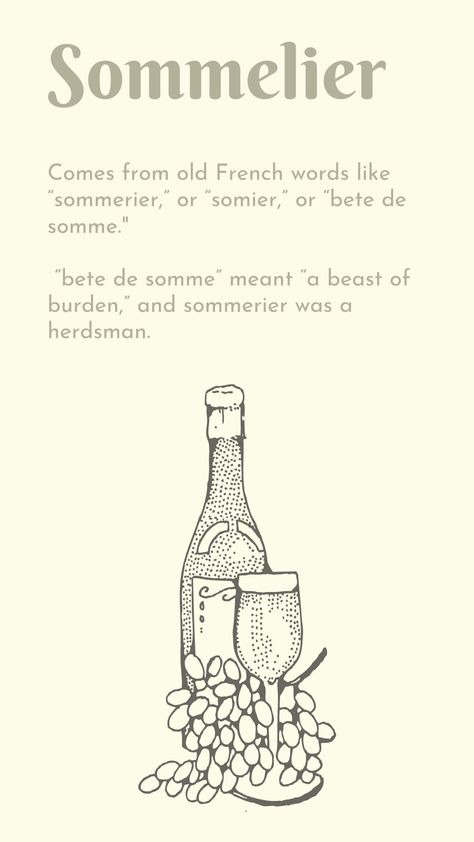 A bit later, the word sommerier evolved to “sommelier,” and the role became much more specialized. #wine #winelover #vino #winetasting #winetime #winelovers #instawine #redwine #winery #vin #sommelier #winelife #whitewine #bar #foodie #restaurant #texas #texaswinery #fredericksburg #hillcountry Texas Wineries, French Words, Wine Time, Wine Lovers, Wine Tasting, White Wine, Red Wine, Texas, Restaurant