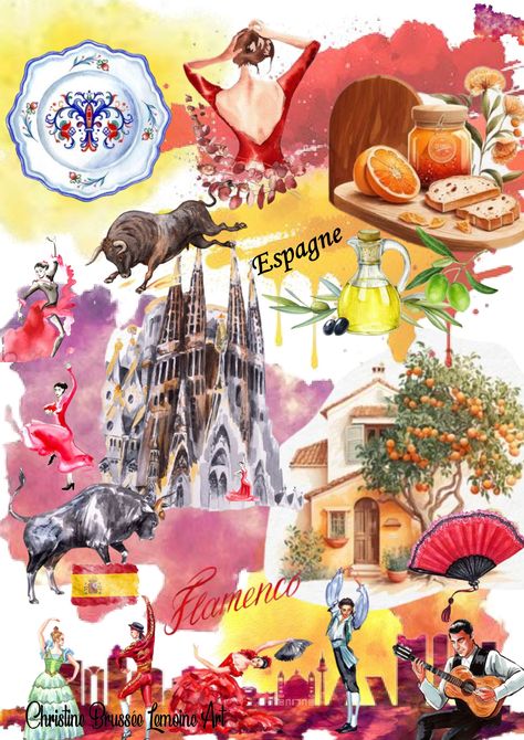 Spain Poster Board Project, Spanyol Aesthetic, Spanish Posters Aesthetic, Spain Culture Aesthetic, Spanish Culture Aesthetic, Espanol Aesthetic, Español Aesthetic, Spanish Drawings, Spain Crafts