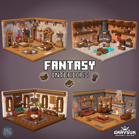 4 fantasy interior designs for minecraft. Check my patreon to download my builds. Minecraft Studio Apartment, Minecraft Fantasy Interior Design, Minecraft Interior Builds, Minecraft Town Hall Interior, Minecraft Jukebox Design, Minecraft Fantasy Interior, Door Design Minecraft, Mc Interior Design, Minecraft Interior Decor