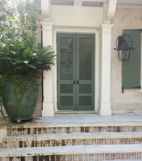 Exterior Screen Doors, Screen Door Ideas, Exterior Screen, Pretty Door, French Doors With Screens, Louvered Doors, Sliding Doors Exterior, Green Shutters, Garage Door Makeover