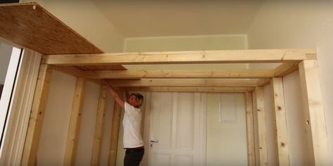 Build an Overhead Loft for a Small Room - How to Build a Lofted Space Adult Loft Bed, Bedroom Storage For Small Rooms, Loft Beds For Small Rooms, Build A Loft Bed, Small Room Diy, Beds For Small Rooms, Loft Bed Plans, Diy Loft Bed, Garage Loft