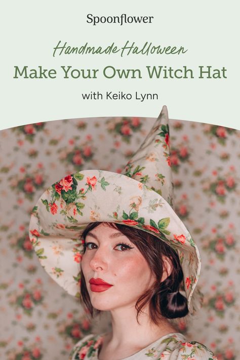 Halloween Queen @keikolynn is here with a bewitching #DIY hat tutorial—spooky season has officially begun! 🧙🏼‍♀️🎃🐈‍⬛ 💜 To complete this magical matching moment, Keiko created her own pattern and stitched up this witch hat in a darling @bradburywallpaper print—and she's sharing her how-to with you! Perfect for trick-or-treating, potion-making or wearing during your annual Halloween movie marathon, your custom witch hat will be the talk of the town. Sew A Witch Hat, Witch Hat Ideas Diy, Witches Hat Sewing Pattern, Mini Witch Hat Diy, Diy Witch Hat Pattern, Free Witch Hat Pattern, Diy Hat Making, Making A Witch Hat, Spooky Craft Ideas