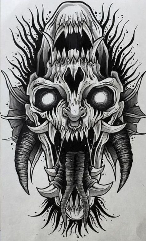 Dark Japanese Tattoo Designs, Dark Demonic Tattoos, Halloween Tattoo Ideas Men, Satanic Skull Tattoo, Simple Cover Up Tattoos Men, Scary Skull Tattoo, Small Scary Tattoos For Men, Demonic Tattoo Ideas, Dark Neck Tattoo Men