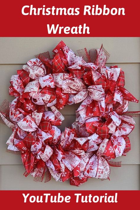 Burlap Christmas Wreath Tutorial, Christmas Wreaths Diy With Ribbon, Ribbon Wreath Making, Ribbon Wreath Christmas Diy, How To Ribbon Wreath, How To Make Mesh Ribbon Wreaths, Making Ribbon Wreaths Step By Step, How To Make Holiday Wreaths, Ribbon Wreaths Christmas