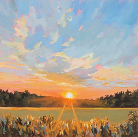 a sunset landscape painting 36x36 inch Acrylic Bring the beauty of a Muskoka sunset into your home with 'The Way Home'. Measuring 36x36", this vibrant landscape painting captures the serenity of wide open spaces and colorful skies, adding warmth and calmness to any room. 36x36" on 1 1/2" depth canvas, ready to hang Landscape Ideas Painting Sunset, Sunset Painting Reference, Canvas Art Landscape Acrylic Paintings, Sunset Farm Painting, Landscape Paintings Beginner, Fall Sunset Painting, Landscape Ideas Painting Acrylics, Painting Landscape Ideas, Simple Nature Paintings