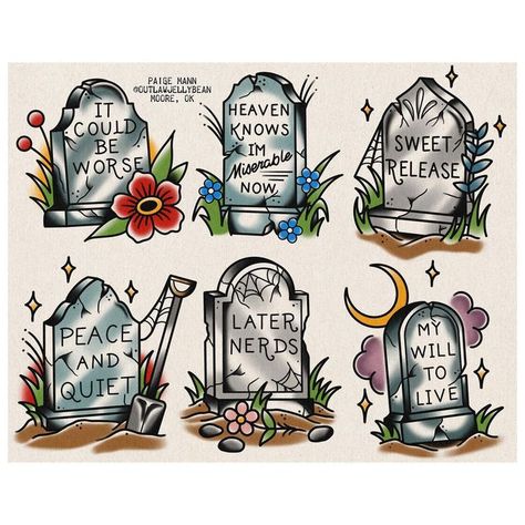 Headstone Tattoo Traditional, Traditional Tattoo Tombstone, Cute Tombstone Tattoo, Headstone Tattoo Design, Neo Traditional Flash Sheet, Headstone Tattoo Ideas, Traditional Tombstone Tattoo, Headstone Tattoo, Neo Traditional Flash