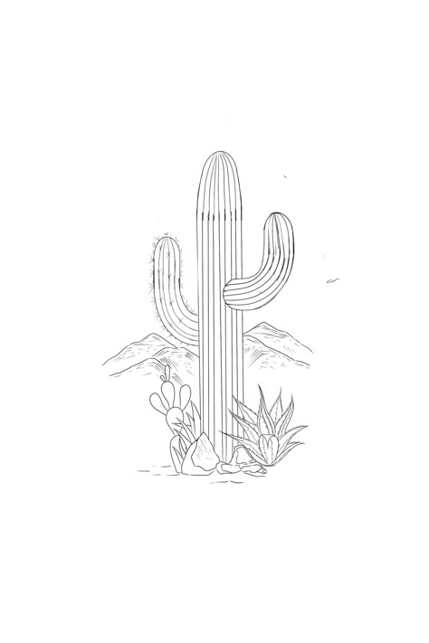 Fine Line Tattoo Cactus, Fine Line Saguaro Tattoo, Desert Inspired Tattoos, Cactus And Palm Tree Tattoo, Western Doodle Art, Cactus Tattoo Stencil, Western Sunset Tattoo, Fine Line Desert Tattoo, Desert Line Drawing