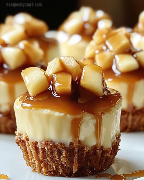 Mini Caramel Apple Cheesecakes - Perfect Fall Dessert! - Recipes By Clare Mini Apple Cheesecake, Caramel Apple Cheesecake Recipes, Cheesecake Rolls, Apple Cheesecake Recipes, Smooth Cheesecake, Thanksgiving Cheesecake, Apple Topping, Caramel Apple Desserts, Strawberry Shortcake Cheesecake