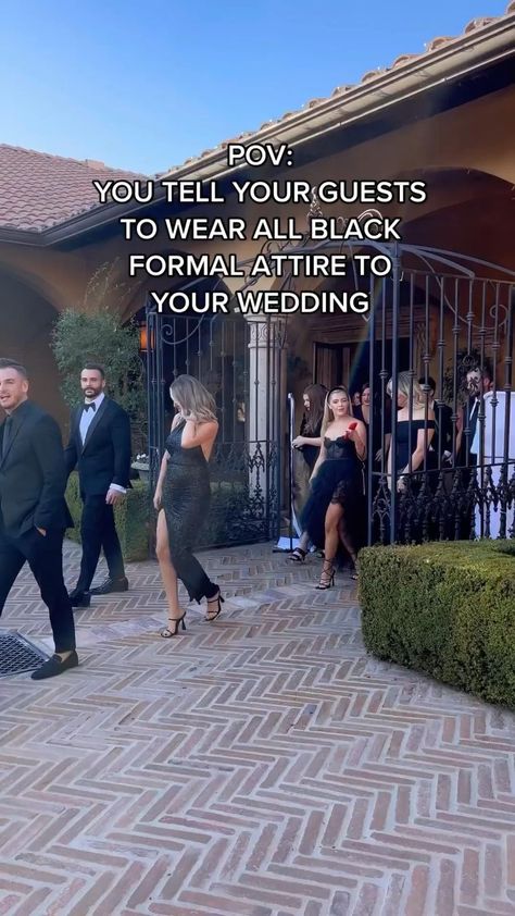 All Black Wedding Guest Outfit Black Women, Black And White Wedding Guests Outfits, Black Guests Wedding, Formal Black Attire Women, Guests In All Black Wedding, Wedding With Black Dress Code, Wedding Classic Theme, Wedding Guest In Black, Guests In Black Wedding