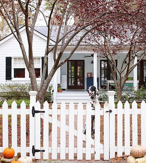 Garden Landscaping, Seasonal Celebration, Front Garden Landscaping, Landscaping Ideas, Building A Fence, White Picket Fence, House With Porch, Fence Ideas, Picket Fence