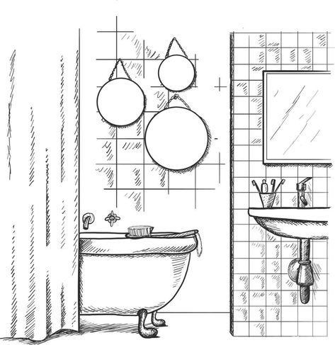 Vector hand drawing modern interior sketch. Bathroom interior. Bathroom Sketch, Bathroom Drawing, Flat Furniture, Tiled Wall, Art Vector Illustration, Furniture Sketch, Table Background, Bathroom Plan, Modern Bathroom Interior