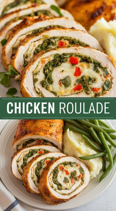 Elegant Chicken Roulade – Stuffed with herbs, cheese, and delicious fillings, this tender chicken roulade is perfect for a fancy dinner or special occasion! Chicken Roulade Recipe, Chicken Roulade, Roulade Recipe, Plant Based Cheese, Perfect Chicken, Chicken Rolls, Gluten Free Cheese, Creamy Mashed Potatoes, Dairy Free Options