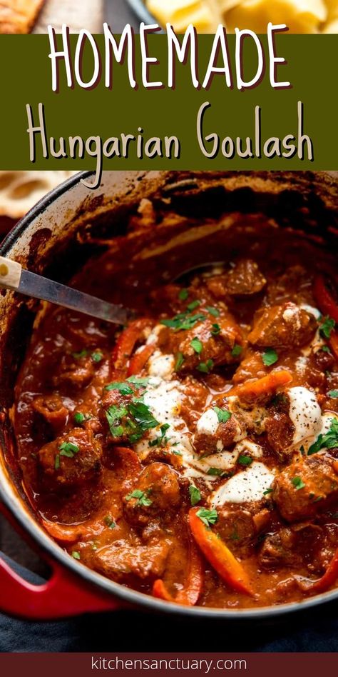 Recipes Using Hungarian Paprika, Hungarian Stew Recipes, Hungarian Pot Roast, Paprika Goulash Recipes, Russian Goulash, Hungarian Beef Stroganoff, Goulash Soup Hungarian, Homemade Goulash Recipe, Crockpot Hungarian Goulash Slow Cooker