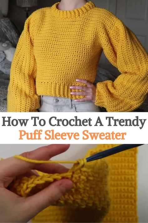 This is a crochet project for a Trendy Puff Sleeve Sweater. The original pattern comes in all sizes from XS, S, M, L, XL, 2XL, 3XL, but you can easily change the measurements according to your body shape at any time. The video tutorial for this pattern is very simple, the creator also guides us step by step throughout the project, so it is not a difficult challenge, even for crochet beginners. Remember to follow the recommendations of crochet and type of thread that the creator gives... Puff Sleeve Sweater Crochet, How To Crochet A Sleeve For A Sweater, Crochet Puff Sleeves Pattern, How To Crochet Puff Sleeves, Puffy Sleeve Crochet Top, Chunky Sweater Crochet Pattern Free, How To Crochet Sweater Step By Step, Simple Cardigan Crochet Pattern Free, Crochet Top Puff Sleeve