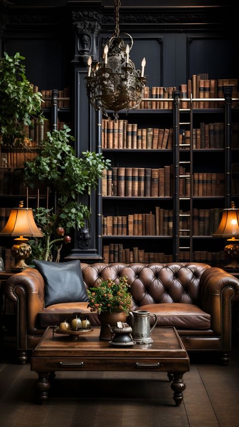 Dark Academia Built In, British Explorer Aesthetic, 20th Century Modern Interiors, Dark Teal Library, Light Moody Interior Design, Gothic Revival Living Room, Dark Reading Nook, Moody Library Aesthetic, Dark Brown Leather Couch Decor