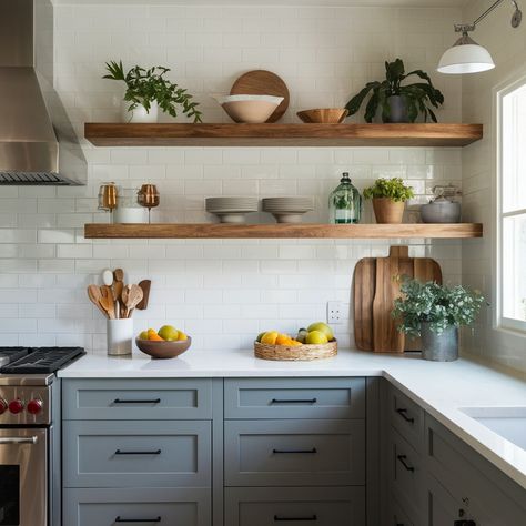 Open shelving in the kitchen: stylish, functional, and perfect for display! 🥄🍽️🤍 #InteriorDesign #KitchenInspo #OpenShelving #HomeDecor Kitchen With Hanging Shelves, Simple Open Shelving Kitchen, Kitchen Shelves Height, Kitchen Ideas With Shelves, Kitchen Shelves Aesthetic, Open Wooden Shelves Kitchen, Floating Shelves By Oven, Removing Cabinets For Open Shelving, Kitchen Decor Open Shelves