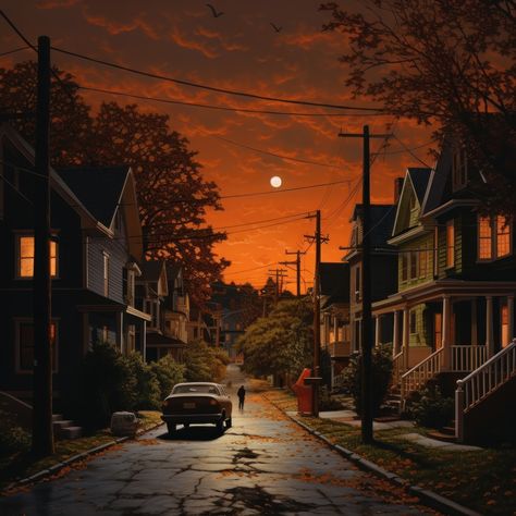 Small Town Aesthetic Fall Dark, Halloween Small Town, Halloween Town Drawings, Gothic Town Aesthetic, Haunted Town Aesthetic, American Halloween Aesthetic, Horror Movie Houses, Suburban Town Aesthetic, Spooky Town Aesthetic