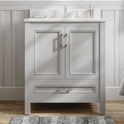 allen + roth Crest Hill 30-in Light Gray Undermount Single Sink Bathroom Vanity with Engineered Carrara Marble Top in the Bathroom Vanities with Tops department at Lowes.com Powder Room Vanities, Lake House Bathroom, 30 Inch Bathroom Vanity, 30 Vanity, Powder Room Vanity, 30 Bathroom Vanity, Grey Bathroom Vanity, Gray Vanity, Small Bathroom Vanities