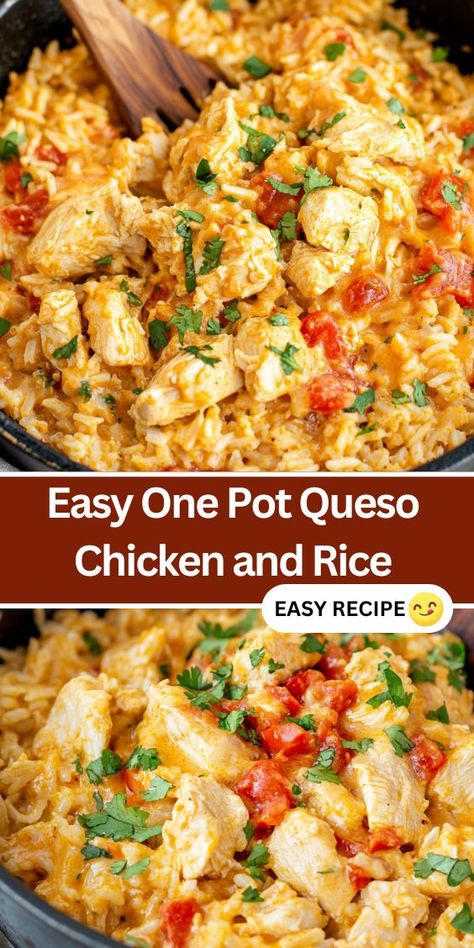 Looking for an easy, one-pan dinner? This One-Pot Queso Chicken and Rice recipe is a simple, flavorful dish the whole family will love. Made with tender chicken, cheesy nacho sauce, Rotel, and rice, it’s perfect for a quick weeknight meal. Ready in just 30 minutes, this hearty dish brings Tex-Mex flavors to your table with minimal cleanup. Customize with your favorite toppings like sour cream, avocado, or pico de gallo for a delicious, satisfying meal. Chicken Rice And Queso Recipe, Mexican Chicken And Queso, Rotel Chicken And Rice, 1 Pan Chicken And Rice, Crockpot Spanish Rice, Chicken Rotel Recipes, Queso Chicken And Rice, Chicken Recipes Simple, One Pan Chicken And Rice