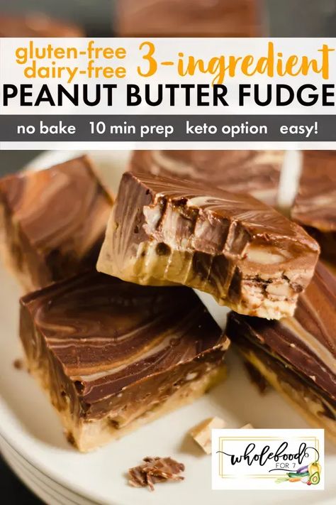 Gluten-free Dairy-free 3-Ingredient Peanut Butter Fudge - Keto option, 10 minutes to make!! Fudge Keto, Dairy Free Fudge, Gluten Free Fudge, Chocolate Caramel Cookies, Keto Friendly Desserts, Butter Fudge, Fudge Easy, Vegan Peanut Butter, Easy No Bake Desserts