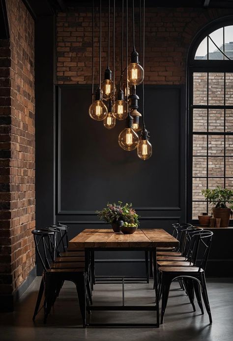 Black Dining Area Ideas, Dark Rustic Dining Room, Dark Dining Room Ideas, Moody Dining Room Ideas, Chic Dining Room Ideas, Dining Room With Windows, Masculine Dining Room, Modern Rustic Dining Room, Wainscoting Dining Room