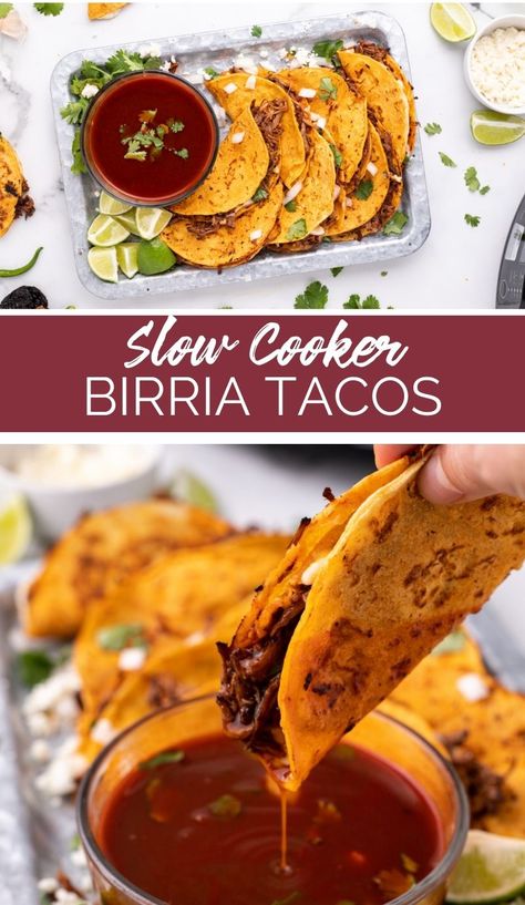 These Slow Cooker Birria Tacos are slow-cooked to perfection, and bathed in a rich and aromatic chili sauce, resulting in a melt-in-your-mouth tacos. via @familyfresh Birria Slow Cooker, Slow Cooker Birria Tacos, Taco Birria, Slow Cooker Birria, Mexican Chorizo, Searing Meat, Birria Tacos, Mexican Meals, Recipes Mexican