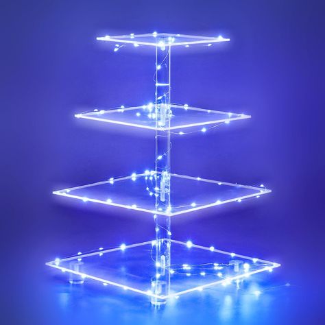 Weddingwish Cupcake Stand, 4-Tier Square Acrylic Cupcake Display Stand with LED String Lights Dessert Tower Pastry Stand for Birthday or Wedding Party (Blue) Light Up Cupcake Stand, Galaxy Theme Wedding Decoration, Desserts For Sweet 16, Galaxy Party Decorations, Under The Stars Quinceanera Theme, Intergalactic Party, Space Themed Wedding, Galaxy Event, Euphoria Prom