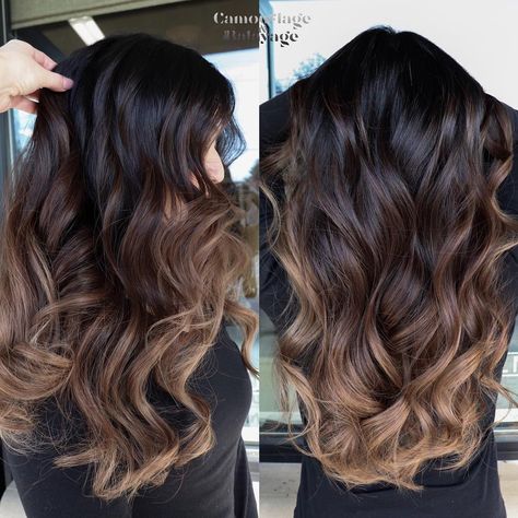 Amy McManus on Instagram: “Barbara’s hair is jet black. This took a year to achieve using Balayage. She was lifted to a level 7 near the top and her ends were just…” Darker Balayage, Dark Ombre Hair, Black Hair Ombre, Black Hair Balayage, Caramel Cream, Brown Ombre Hair, Peekaboo Hair, Brown Hair Inspo, Ombre Hair Blonde