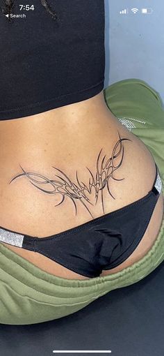 Back Sigil Tattoo, Tramp Stamp Sigilism, Cybergilism Tattoo Back, Cybersigilism Tattoo Lower Back, Cyberpunk Tramp Stamp, Neotribal Tramp Stamp, Tattoo In Thigh, Sigilism Tramp Stamp, Tramp Stamp Cybersigil