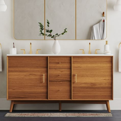 Mid Century Modern Bathroom, Double Bath, Mid Century Bathroom, Vanity Faucet, Plumbing Installation, Double Bathroom, Double Bathroom Vanity, Plywood Furniture, Bathroom Remodel Ideas