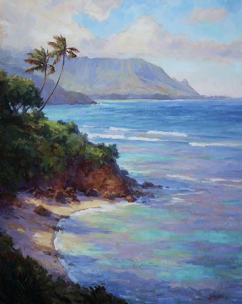 Hawaii Oil Painting, Jenifer Prince, Hawaii Painting, Painting Trees, Hawaii Art, Paint Inspiration, Hawaiian Art, Easy Flower, Landscape Art Painting