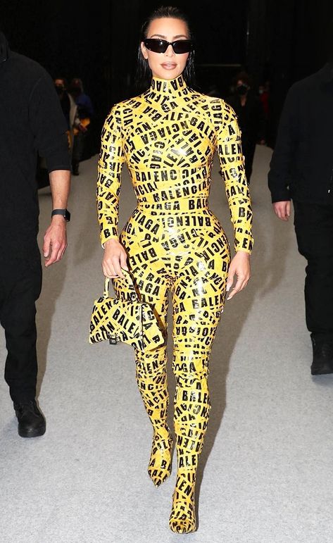 Kim Kardashian Sports Yellow Caution Tape for Balenciaga Show as Creative Director Pays Tribute to Ukraine Kim Kardashian Tape, Balenciaga Show, Balenciaga Outfit, K Tape, Balenciaga Fashion, Celebrity Trends, Fashion Figures, Kardashian Jenner, Yellow Fashion