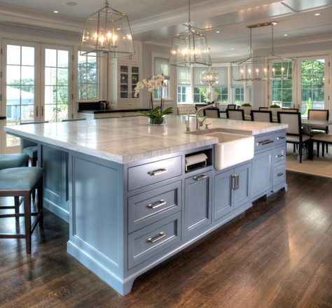 Kitchen Island. Kitchen Island. Large Kitchen Island with farmhouse sink, paper towel holder, Super White Quartzite Countertop and furniture-like cabinet. Kitchen Island #kitchenisland #kitchen #island East End Country Kitchens Luxury White Kitchen Design, Luxury White Kitchen, Kitchen Island With Sink, Kitchen Sink Design, Kitchenaid Artisan, Farmhouse Kitchen Island, Kitchen Island Decor, Large Kitchen Island, Decor Ikea