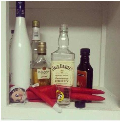 Drunken Elf on the liquor shelf lololz Bad Elf, Liquor Shelf, Awesome Elf On The Shelf Ideas, Elf Antics, Girl Elf, Christmas Puzzle, Name Puzzle, Elf Ideas, Elf On The Shelf Ideas