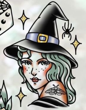 Traditional Style Witch Tattoo, Traditional Witch Hat Tattoo, Witch Lady Head Tattoo, Witch Head Tattoo, American Traditional Witch Tattoo, Witch Face Tattoo, Witch Tattoo Traditional, Traditional Tattoos Halloween, American Traditional Fairy Tattoo