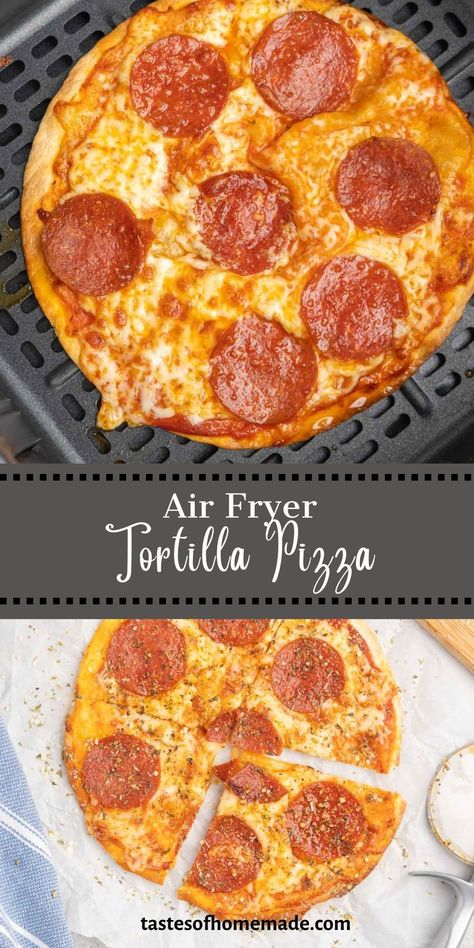 This quick and easy air fryer pizza is made on a tortilla and comes together in five minutes in the air fryer. Using flour tortillas, pizza sauce, and your choice of toppings, it is the perfect way to satisfy your pizza craving when you are short on time. Great for a quick lunch, dinner or snack. An easy recipe and the kids will love it. Flour Tortilla Pizza, Air Fryer Tortilla Pizza, Pizza Pairings, Air Fryer Tortilla, Low Calorie Tortilla, Air Fryer Pizza, Pizza Fries, Tortilla Pizza, Personal Pizza