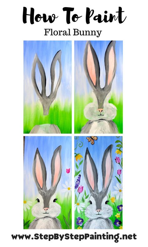 Floral Easter Bunny - Acrylic Painting Tutorial Easter Kid Painting, Diy Bunny Painting, Cute Easter Paintings Easy, How To Paint Bunny, Easy Easter Acrylic Painting Ideas, Kids Bunny Painting, How To Paint Rabbit, Step By Step Easter Painting, Rabbit Painting Acrylic Easy