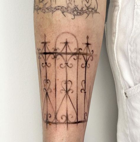 Iron Gate Tattoo, Wrought Iron Tattoo, Gothic Gate Tattoo, Garden Gate Tattoo, Picture Frame Tattoo, Gate Tattoo, Waist Tattoo, Tattoo Halloween, Modern Grunge