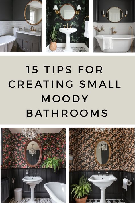 Turn your small bathroom into a moody haven with these tips. Small Moody Powder Room Ideas, Dark Walls In Bathroom, Whimsical Small Bathroom, Black Wallpaper In Bathroom, All Black Small Bathroom, Gothic Powder Room, Small Powder Room Inspiration, Small Powder Room Shelves Over Toilet, Moody Bathroom Ideas Wallpaper