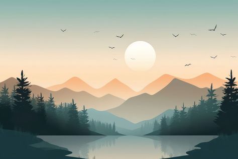 Mountain Landscape Illustration, Exterior Murals, Aesthetic Illustration, Mountain Landscape Painting, Landscape Mountain, Interior Design Sketches, Silhouette Painting, Diy Watercolor Painting, Pretty Backgrounds