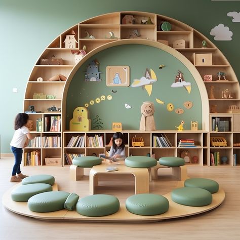 Welcome to our kindergarten's Reading Corner, where innovation and comfort combine to nurture young readers. In this thoughtfully designed space, children immerse themselves in books, fostering a love for reading. Join us on a journey where innovation enhances comfort, sparking curiosity and creativity. Experience a realm where every page is a cozy adventure, all within a nurturing atmosphere. Kids Toy Room Design, Reading Corner Daycare, Kindergarden Interiors, Kindergarten Design Ideas, Kids Library Design, Kids Library Room Ideas, Reading Space Design, Play Space Ideas, Children Library Design