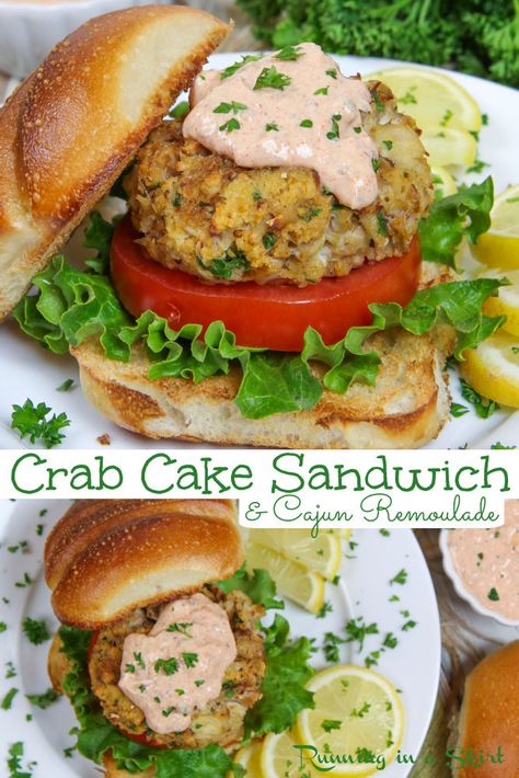 Crab Cake Sandwich with Cajun Remoulade - A healthy broiled crab cake sandwich with a greek yogurt remoulade sauce that tastes better than your favorite seafood restaurant! Super EASY dinner with Maryland Crab Cakes. Lots of crab - very little filler. The best seafood sandwich! Pescatarian, Clean Eating, Healthy Living / Running in a Skirt #seafood #crabcakes #pescatarian #healthyrecipes #seafooddinner #crab via @juliewunder Cake Sandwich Recipe, Broiled Crab Cakes, Recipe With Greek Yogurt, Healthy Seafood Dinners, Cajun Remoulade, Crab Cakes Easy, Seafood Sandwiches, Crab Cake Sandwich, Homemade Greek Yogurt