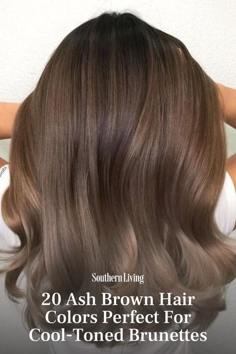 Brunettes everywhere are leaving warm tones in the dust and going for something way cooler: ash brown. This shade is the ultimate anti-brassy-inspired bronde, mixing colors like mocha brown, ashy chestnut, cool blonde, and even smoky silver-blonde. The result? The dreamiest, coolest brunette shade to try whenever you're in need of a refresh. The cool-toned color ensures that you get a touch of flattering multi-dimensional color without having to be on constant watch for brassy flare-ups. #hair #brunette #ashbrown #brunettestyles #haircolor Base 7 Hair Colour, Ash Brown Glaze Hair, Brunette Hair Color To Hide Grey, Cooler Tone Brown Hair, Hair Inspiration Light Brown, Med Ash Brown Hair, Cool Ash Brown Hair Color, Almond Brown Hair Color, Toner On Brown Hair Before And After