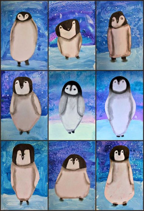 Art 2nd Grade, March Of The Penguins, Grade 1 Art, January Art, Classe D'art, Winter Art Lesson, First Grade Art, 2nd Grade Art, Winter Art Projects