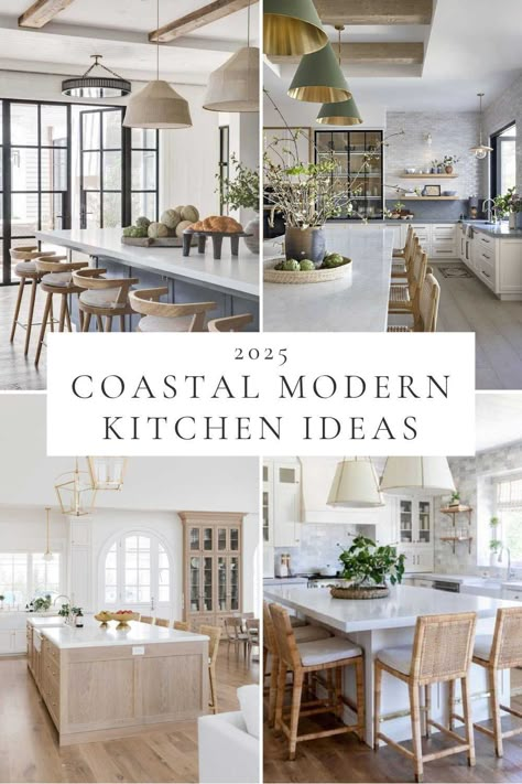 Beautiful coastal kitchen ideas and trends for 2025, with lighting, cabinet colors, backsplash ideas, kitchen decor, white oak and white kitchens, California casual style, modern coastal farmhouse kitchens, kitchen remodel inspiration, and more! Modern Coastal Entryway, Modern Coastal Master, Entryway Coastal, Small Kitchen Ideas Remodel, Coastal Modern Kitchen, Beach House Bedroom Ideas, Modern Beach House Interior, Coastal Kitchen Lighting, Bedroom Ideas Coastal