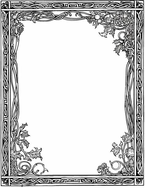 The image is a black and white frame with Celtic knots and floral designs. The frame is rectangular and has a Celtic knot pattern running along the outer edge. On each corner, there is a floral design with leaves and berries. Inside the frame, there is a blank space that can be used for text or images. Celtic Frame, Celtic Knot Border, Bookbinding Ideas, Celtic Border, Filigree Border, Corner Borders, Irish Mythology, Knot Pattern, Ornament Drawing